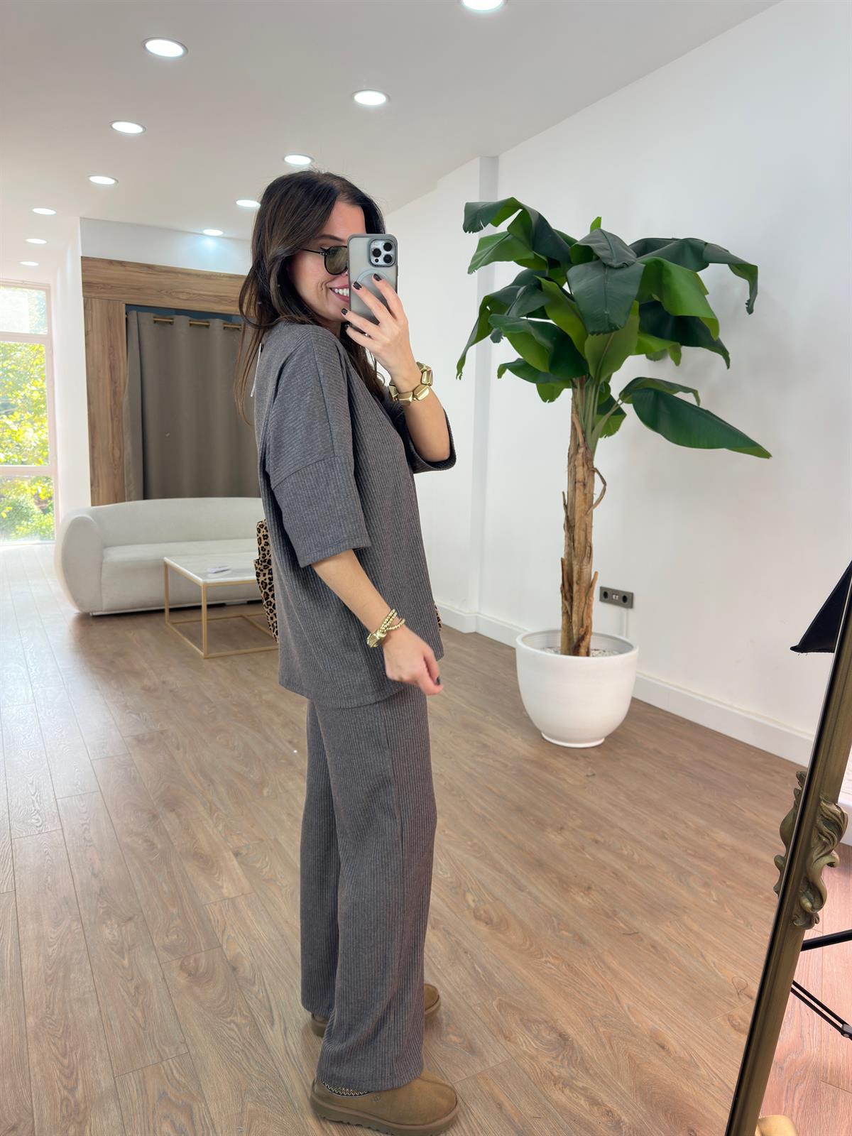 Bisiklet Yaka Fitili Salaş Takım - Kahverengi