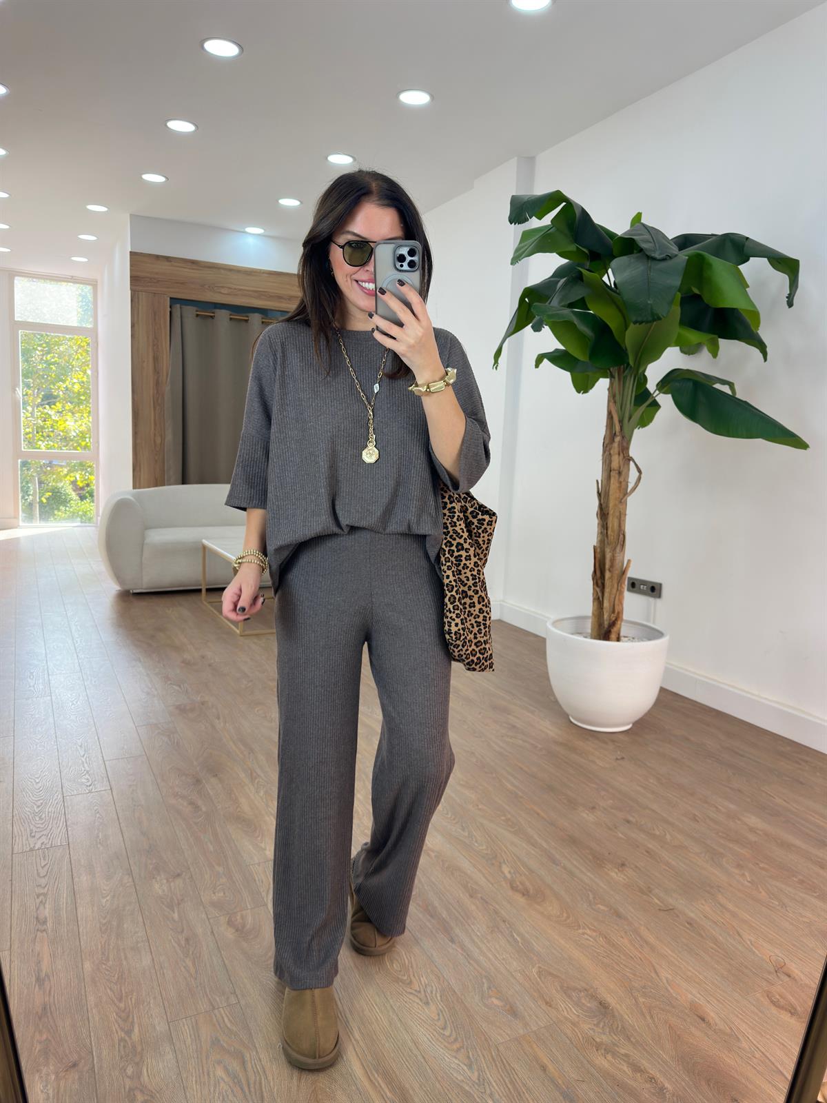 Bisiklet Yaka Fitili Salaş Takım - Kahverengi