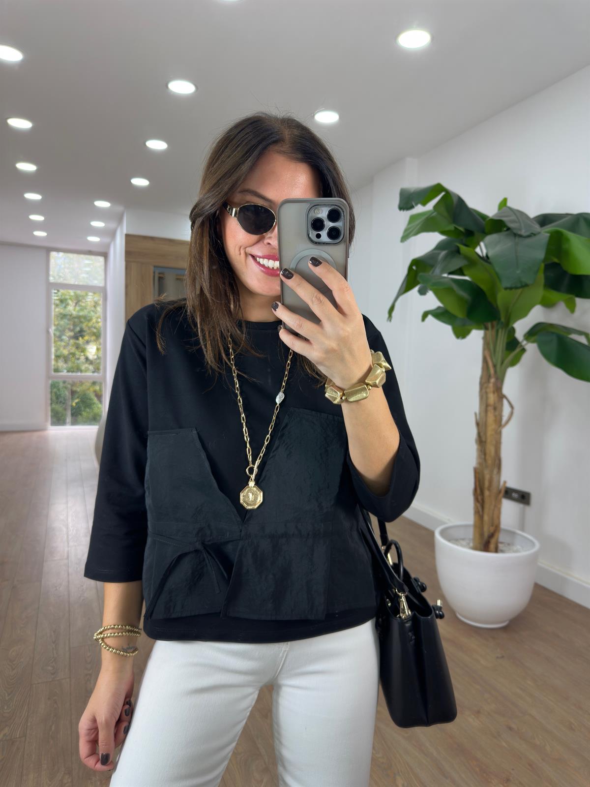 Bisiklet Yaka Garnili Sweatshirt - Siyah