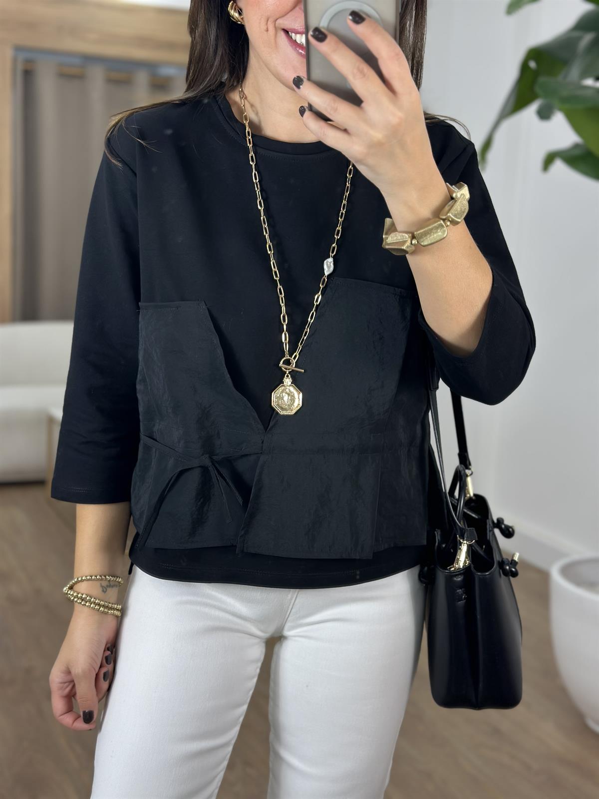 Bisiklet Yaka Garnili Sweatshirt - Siyah