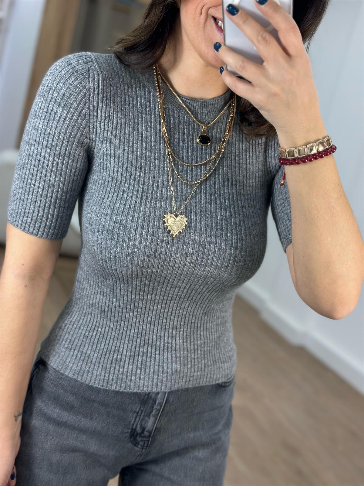 Bisiklet Yaka Kısa Kol Triko - Gri