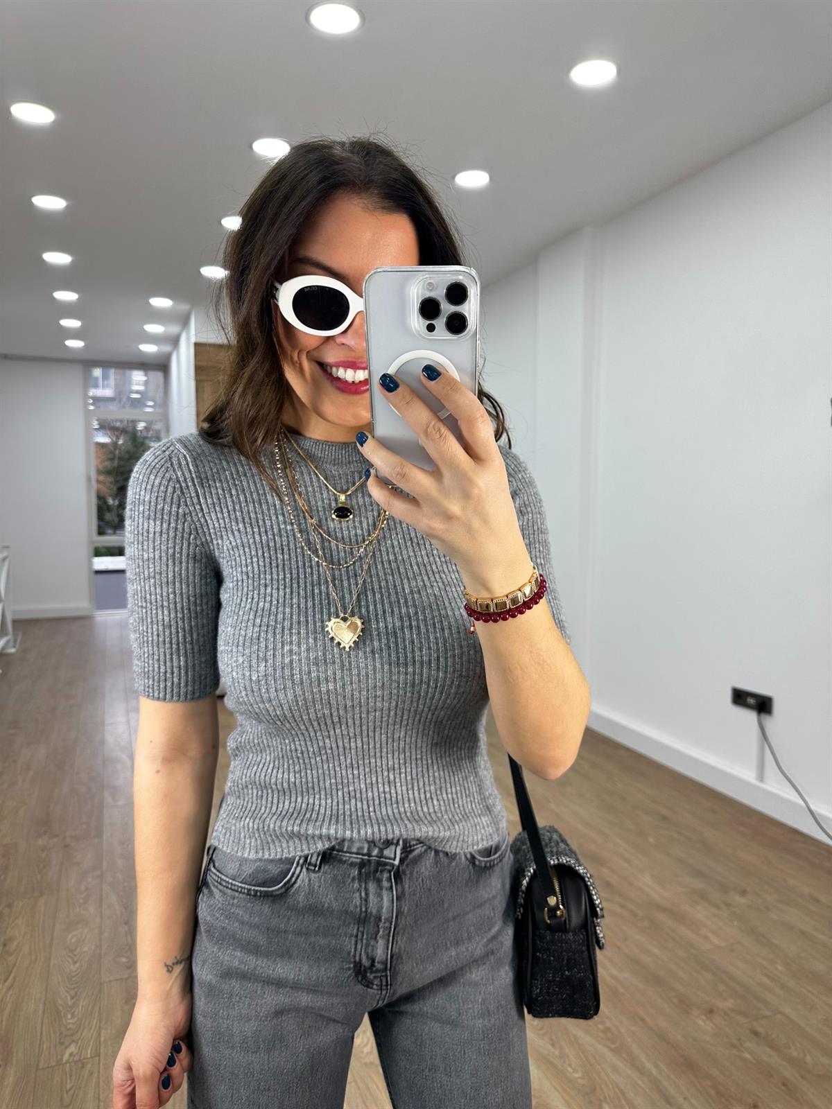 Bisiklet Yaka Kısa Kol Triko - Gri