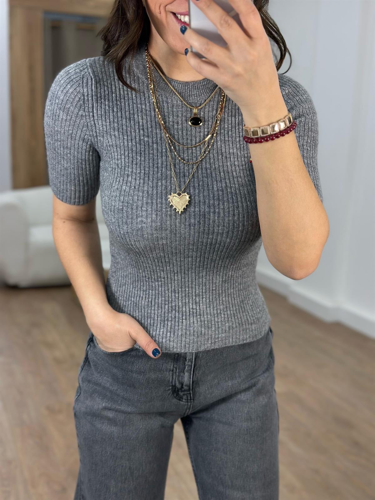 Bisiklet Yaka Kısa Kol Triko - Gri