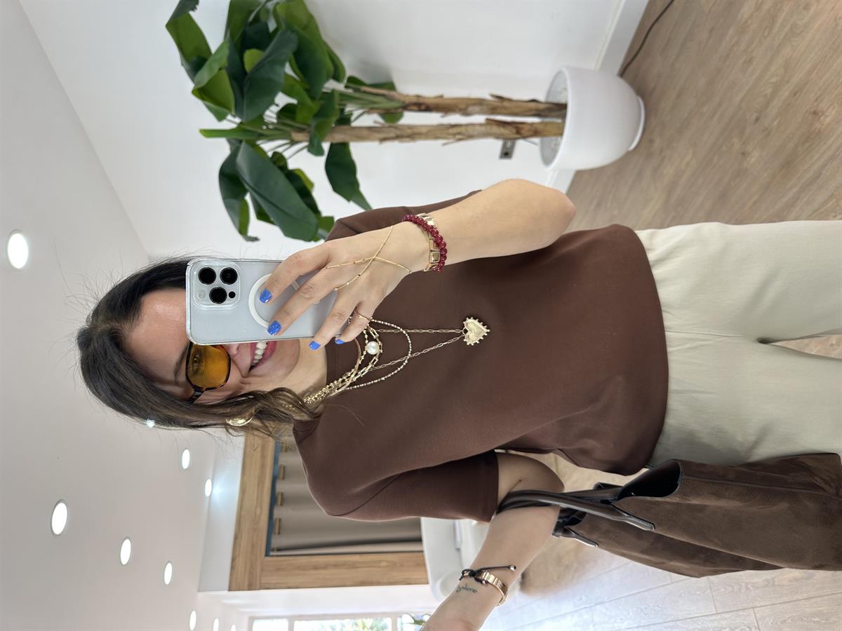 Bisiklet Yaka Kısa Kollu Tshirt - Kahverengi