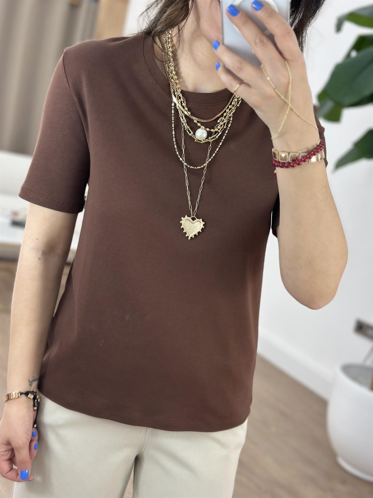 Bisiklet Yaka Kısa Kollu Tshirt - Kahverengi