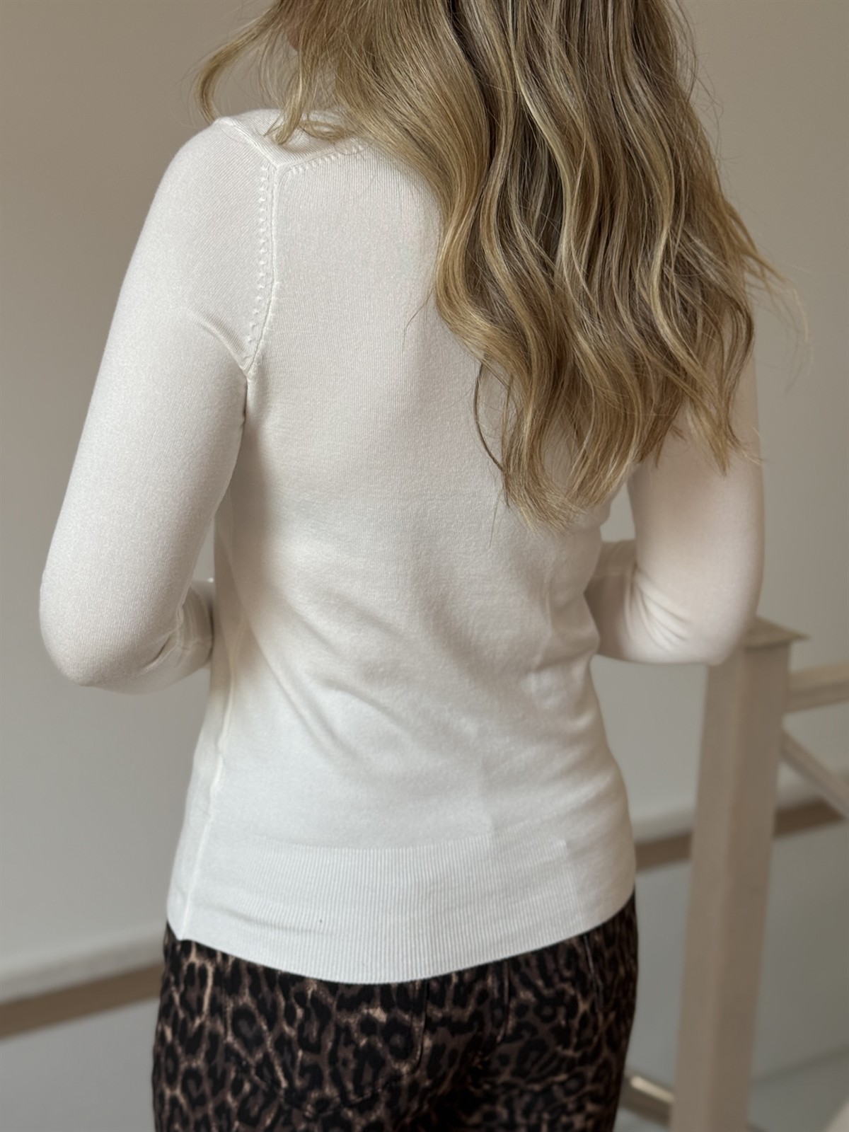 Bisiklet Yaka Kolu Droplu Triko Bluz - Ekru 