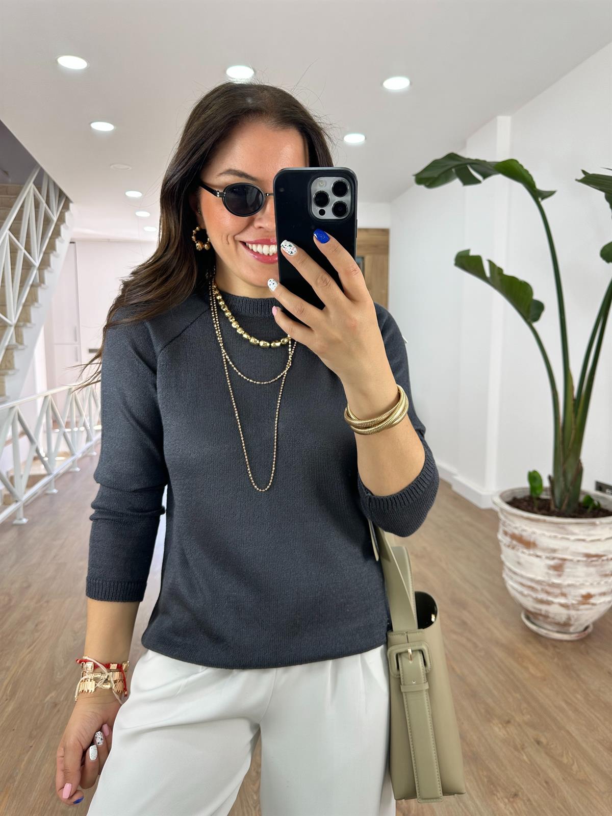 Bisiklet Yaka Merserize Triko-Antrasit