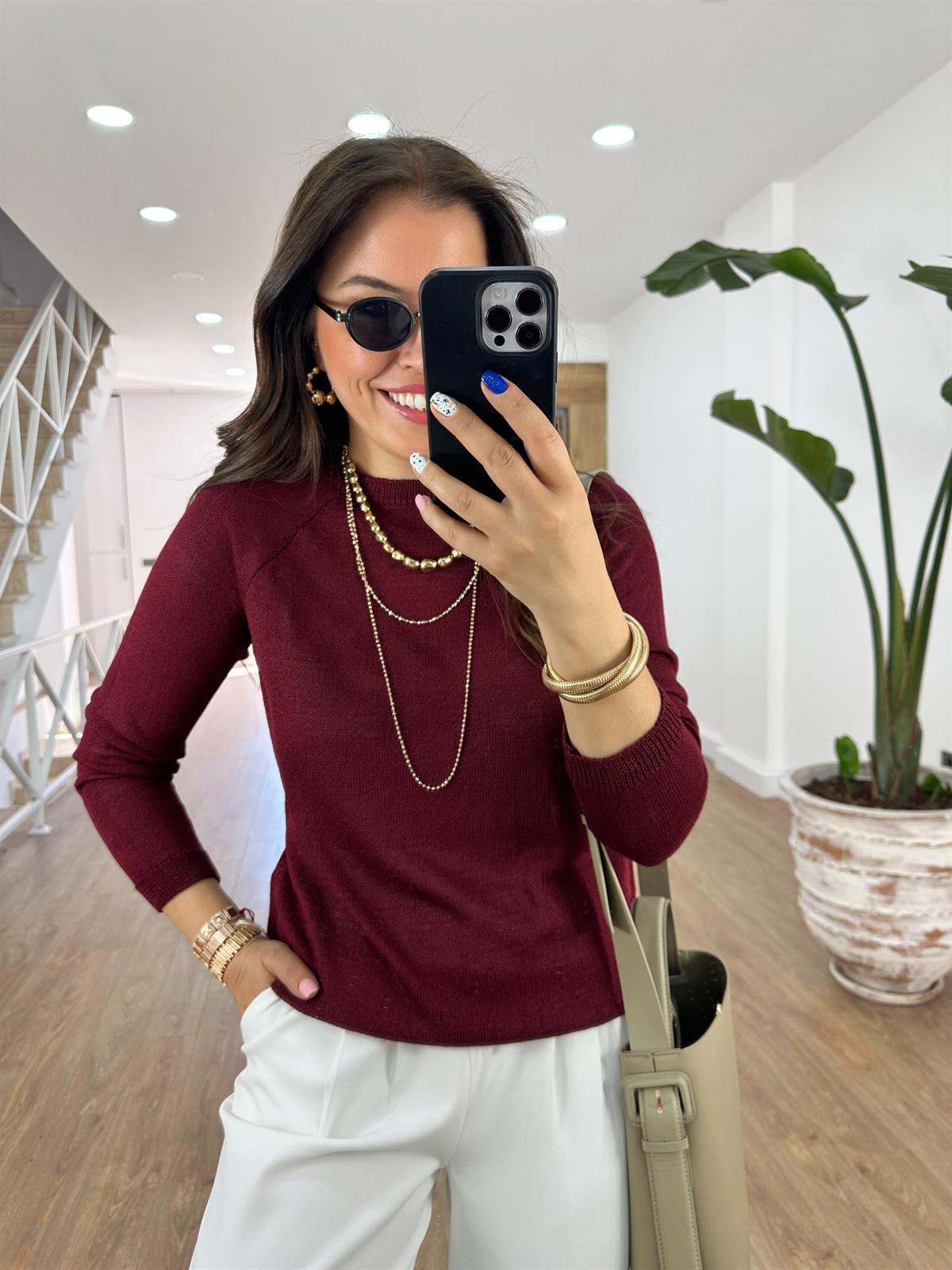 Bisiklet Yaka Merserize Triko-Bordo