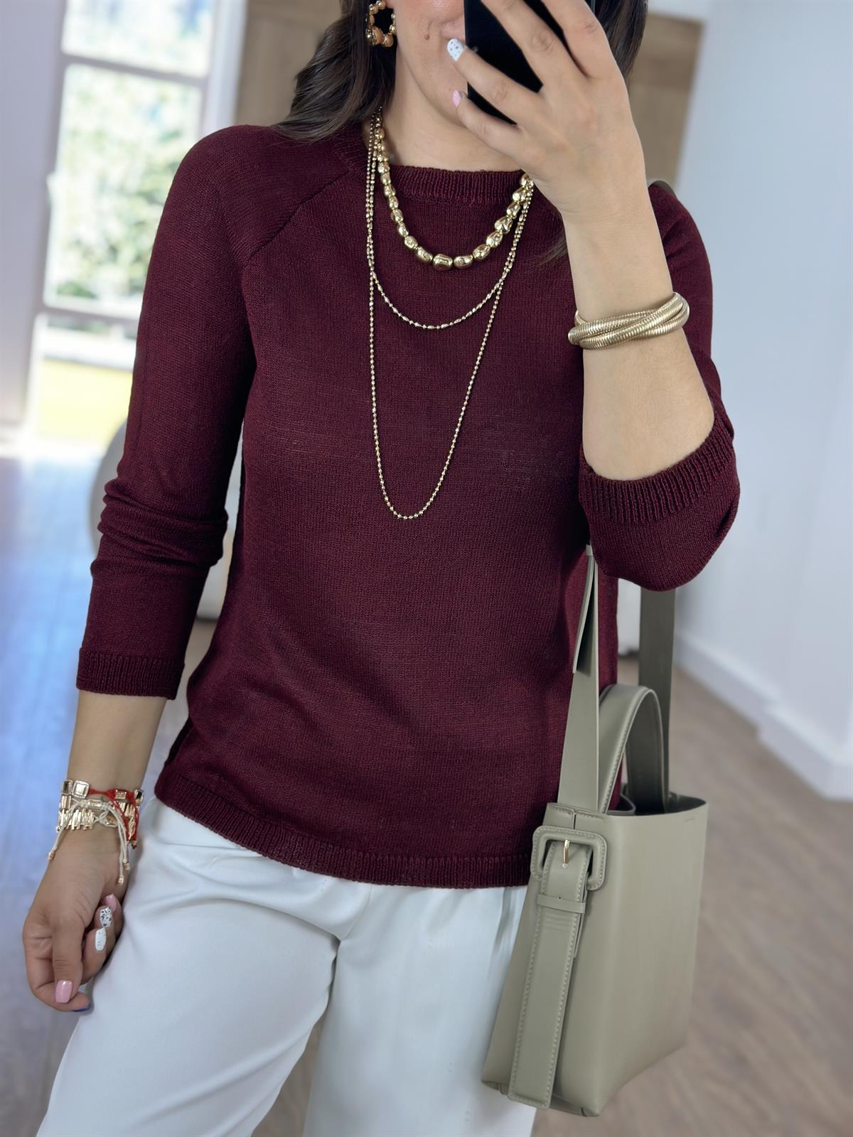 Bisiklet Yaka Merserize Triko-Bordo