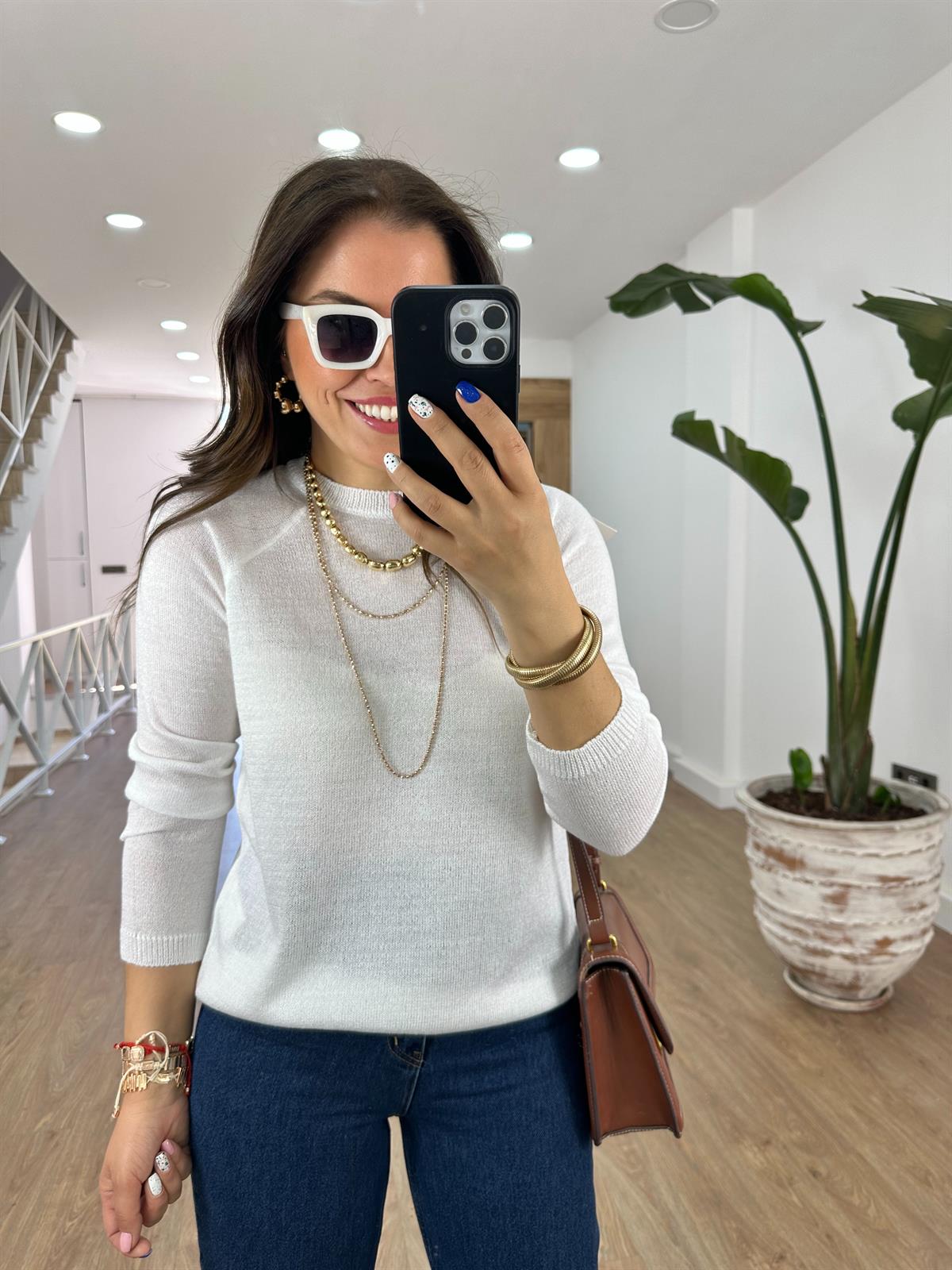 Bisiklet Yaka Merserize Triko-Ekru