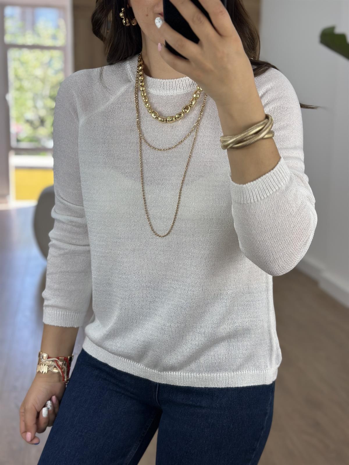 Bisiklet Yaka Merserize Triko-Ekru