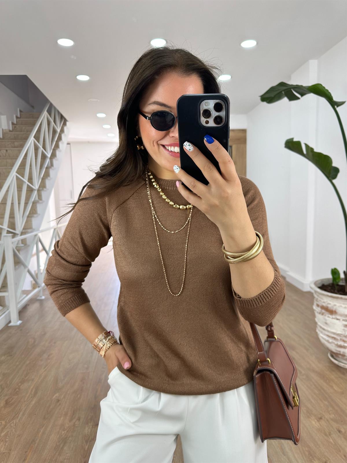 Bisiklet Yaka Merserize Triko-Kahve