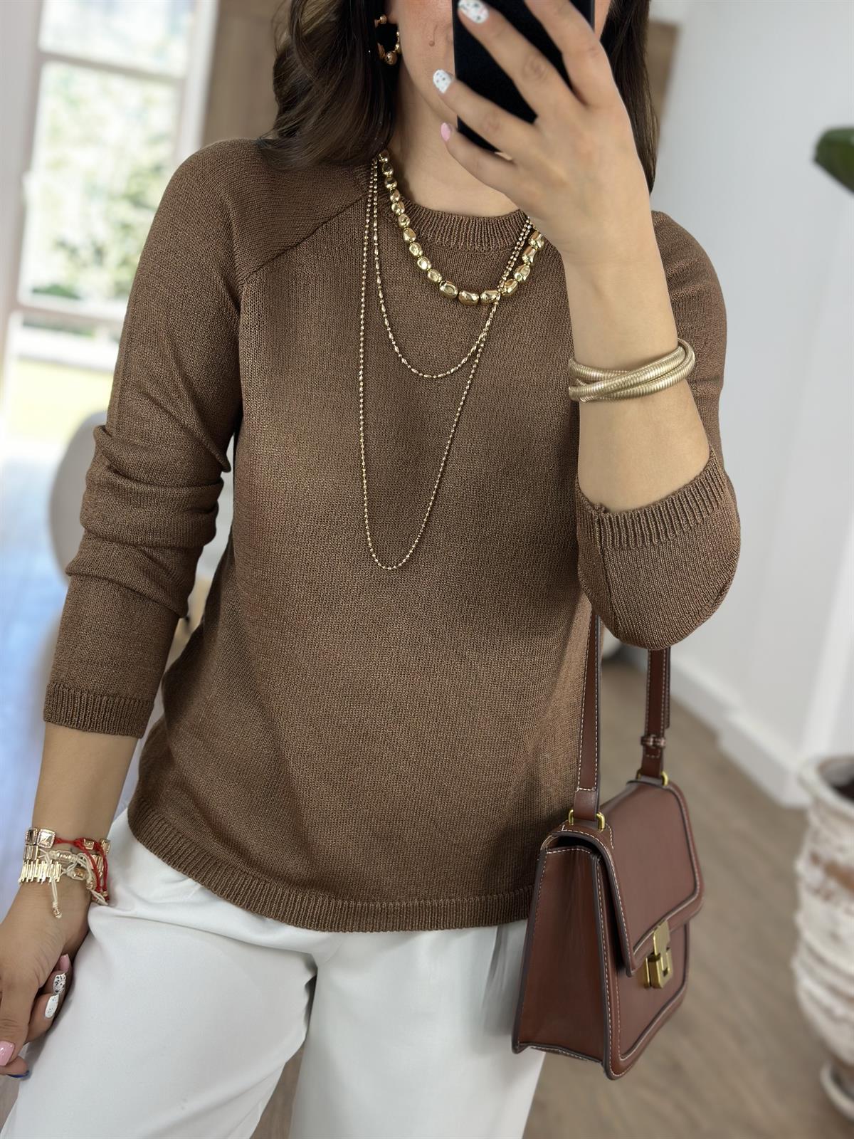 Bisiklet Yaka Merserize Triko-Kahve