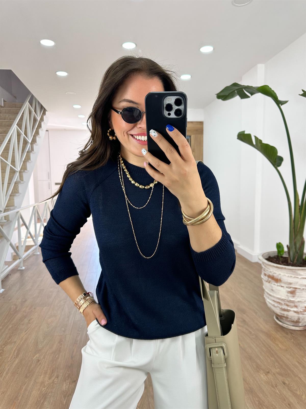 Bisiklet Yaka Merserize Triko-Lacivert