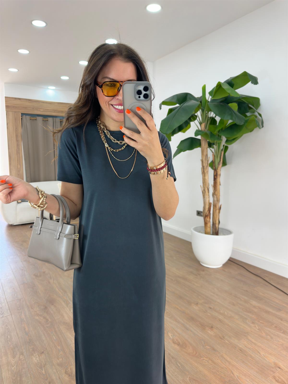 Bisiklet Yaka Modal Basic Elbise - Antrasit