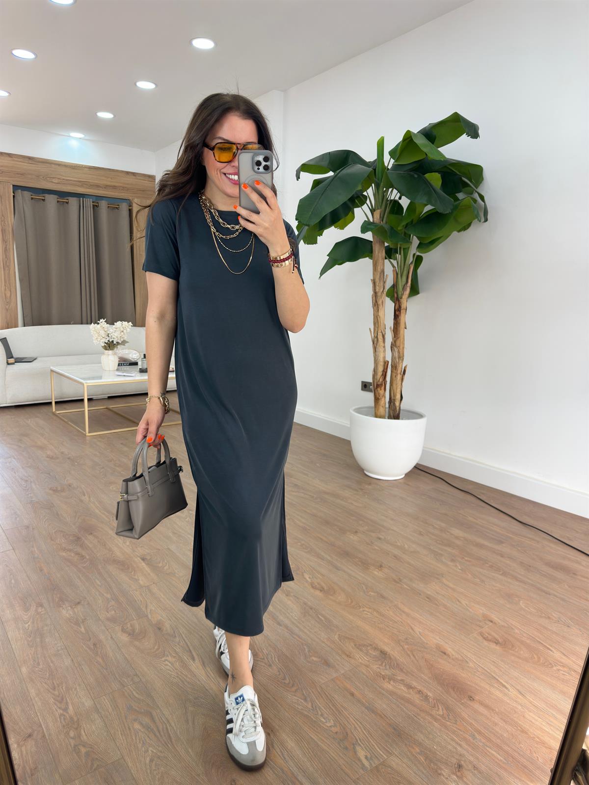 Bisiklet Yaka Modal Basic Elbise - Antrasit