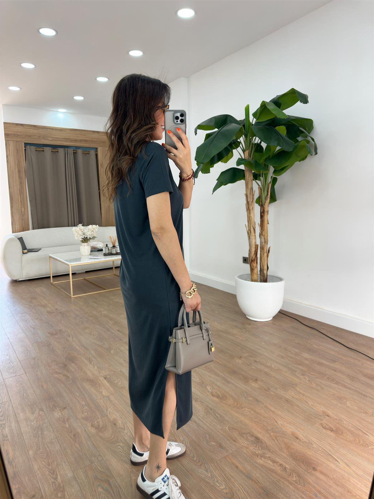 Bisiklet Yaka Modal Basic Elbise - Antrasit