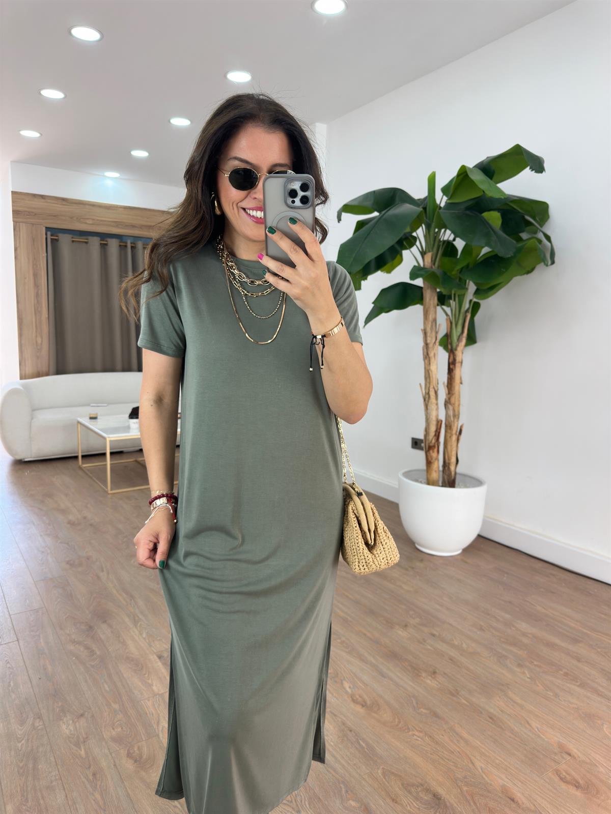 Bisiklet Yaka Modal Basic Elbise - Haki