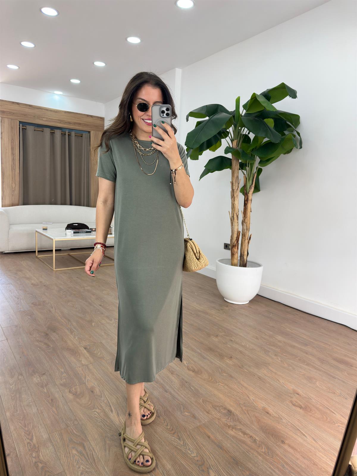 Bisiklet Yaka Modal Basic Elbise - Haki