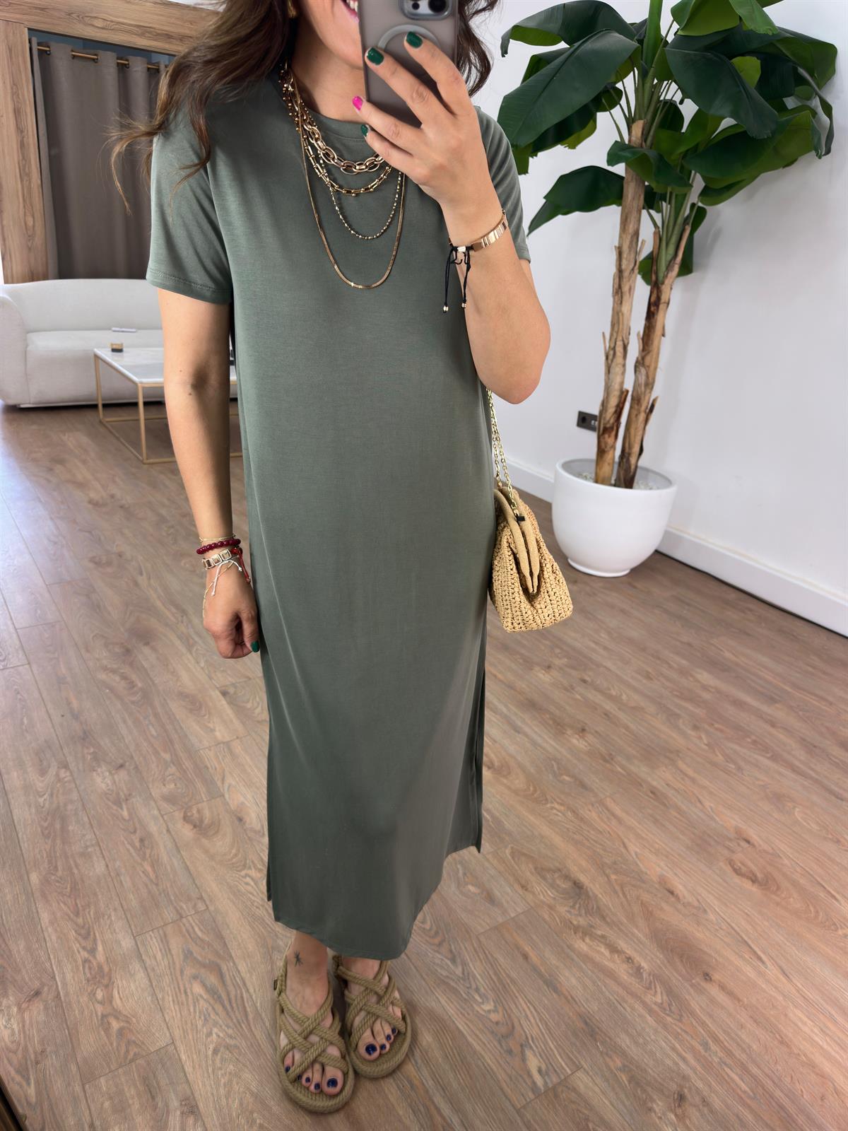 Bisiklet Yaka Modal Basic Elbise - Haki