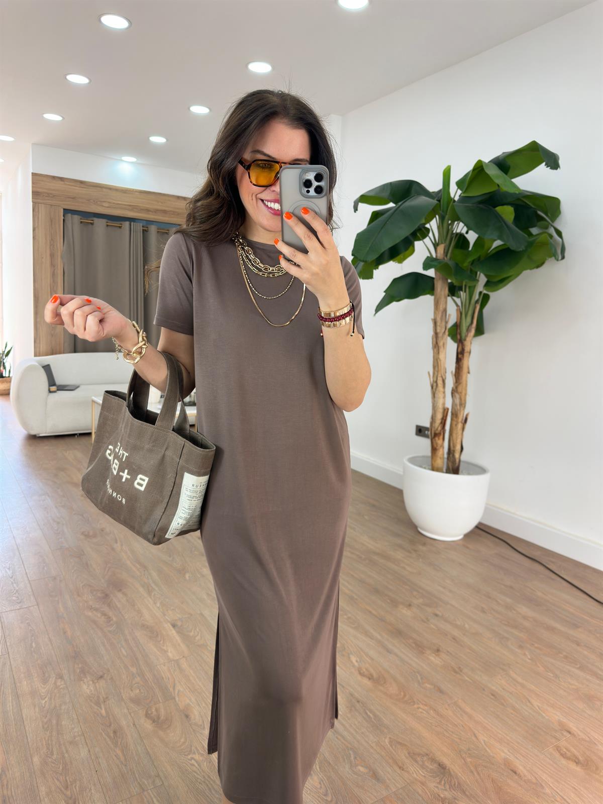 Bisiklet Yaka Modal Basic Elbise - Kahverengi