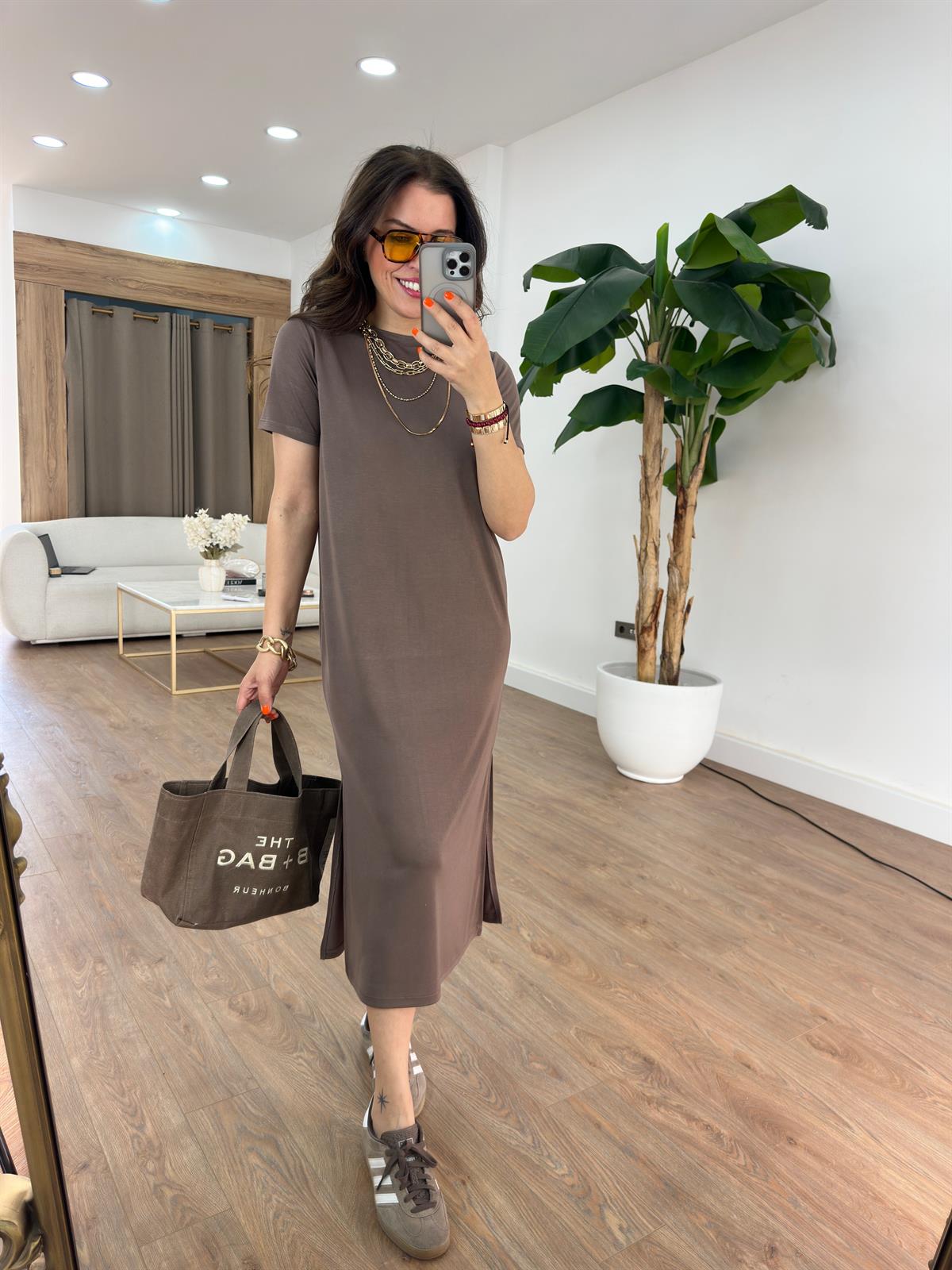 Bisiklet Yaka Modal Basic Elbise - Kahverengi