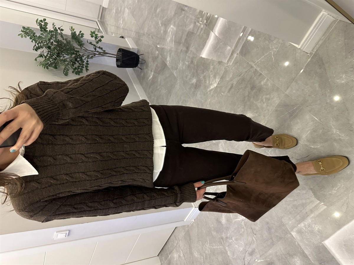 Bisiklet Yaka Örme Kazak  - Kahverengi