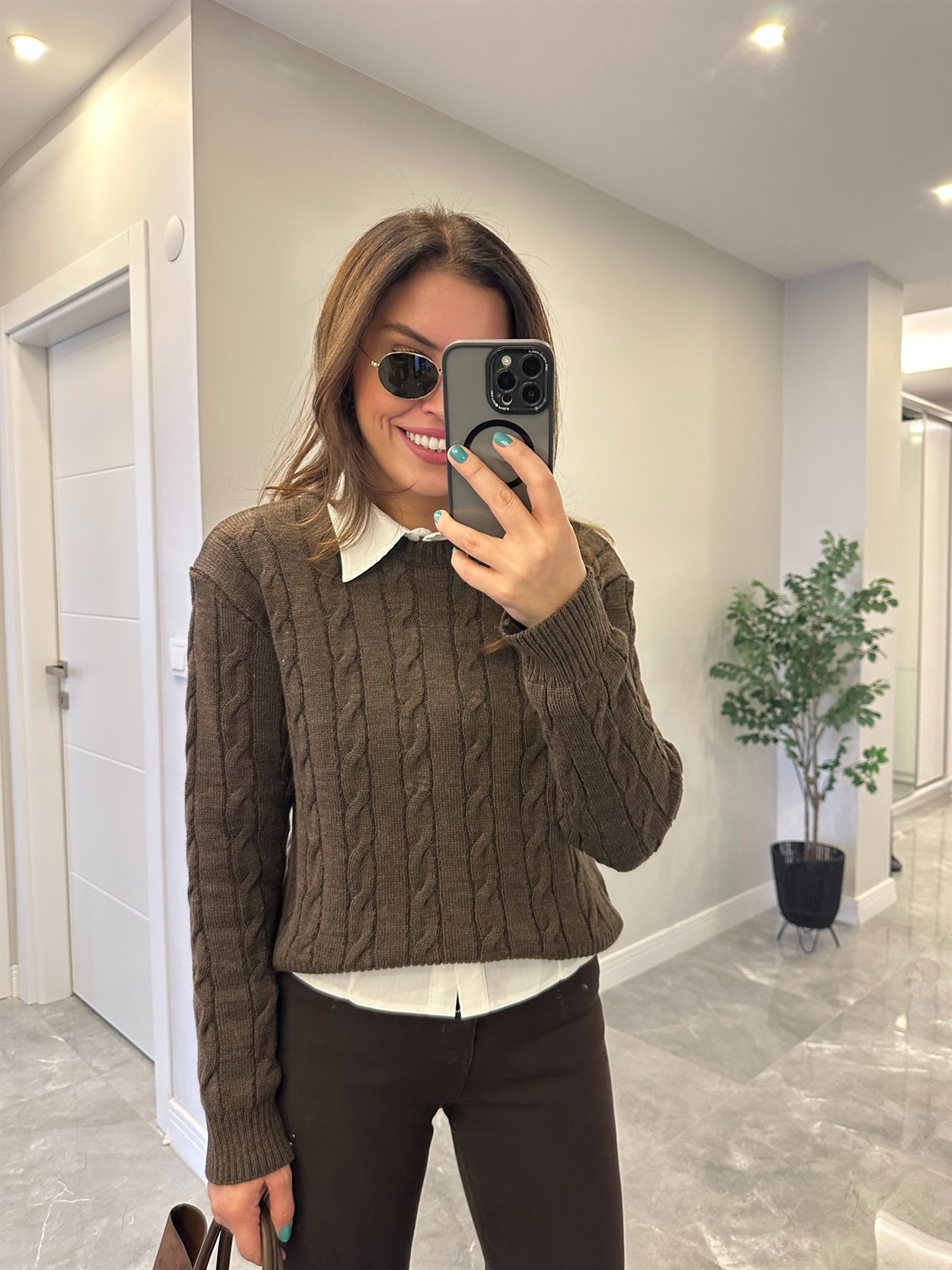 Bisiklet Yaka Örme Kazak  - Kahverengi