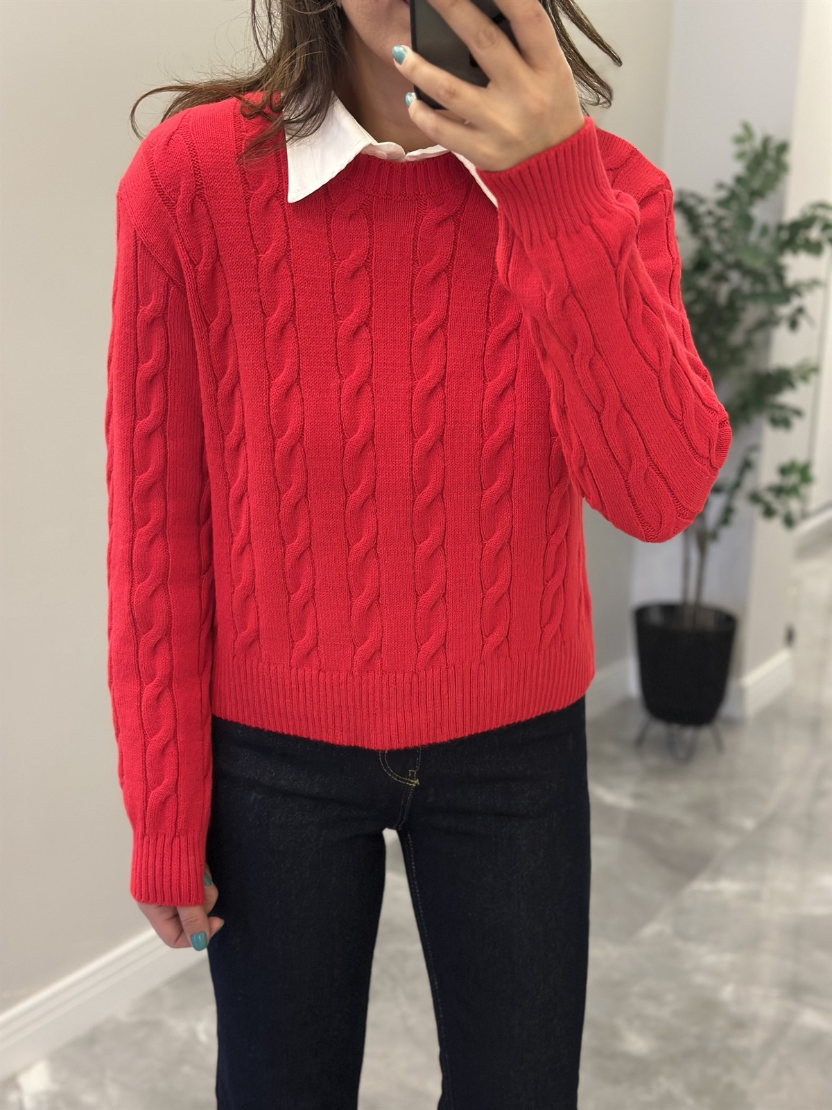 Bisiklet Yaka Örme Kazak  - Kırmızı