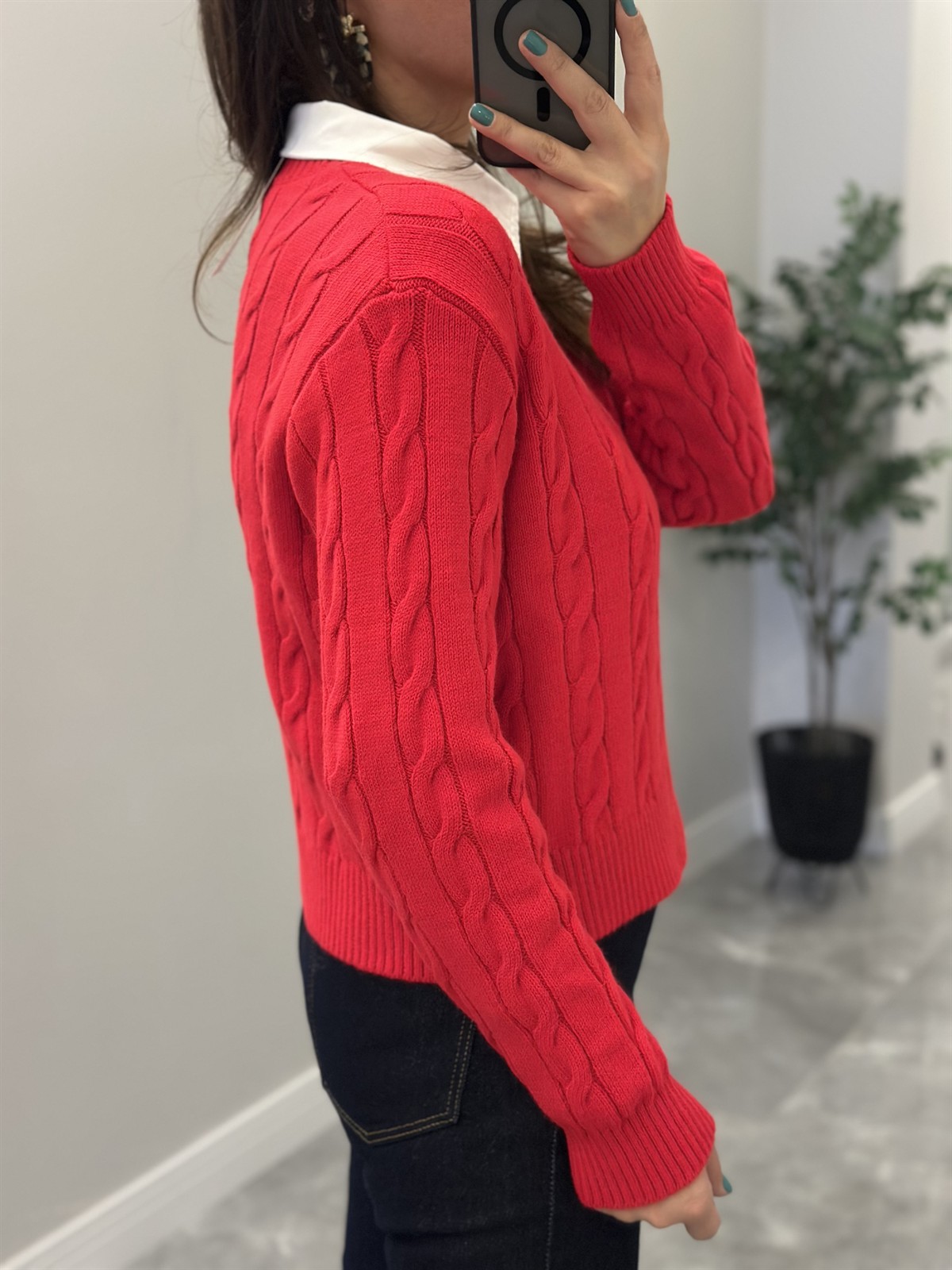 Bisiklet Yaka Örme Kazak  - Kırmızı