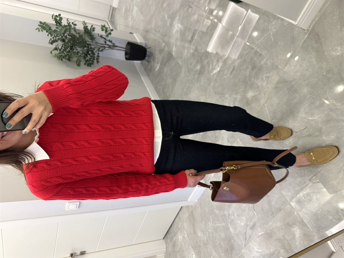 Bisiklet Yaka Örme Kazak  - Kırmızı