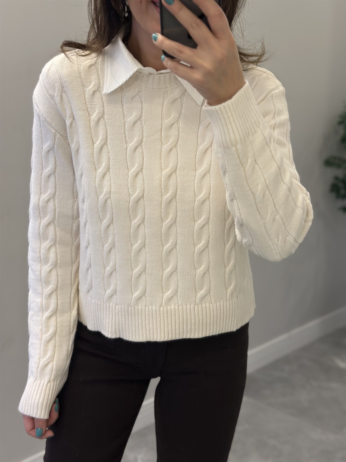 Bisiklet Yaka Örme Kazak  - Krem