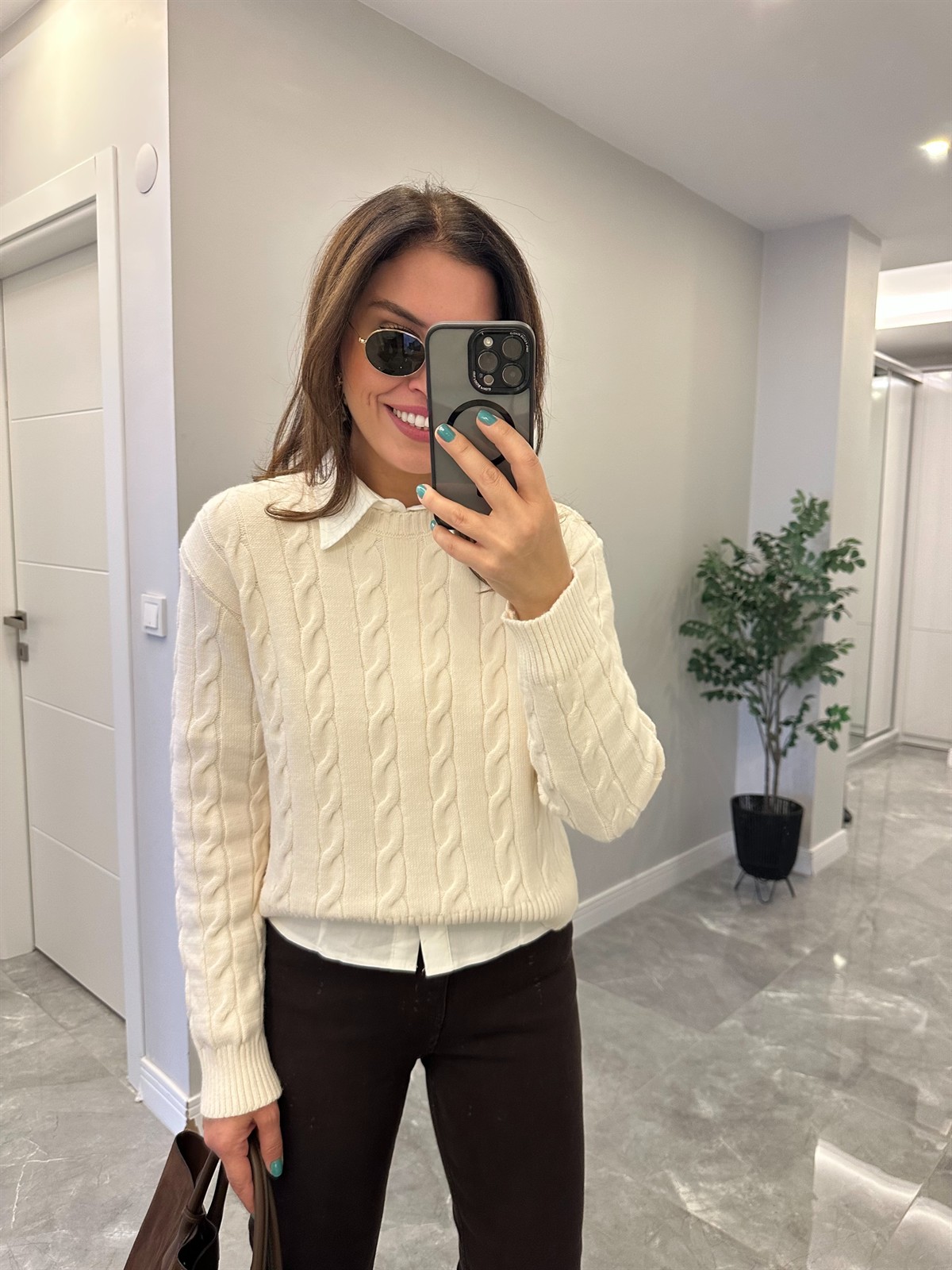 Bisiklet Yaka Örme Kazak  - Krem