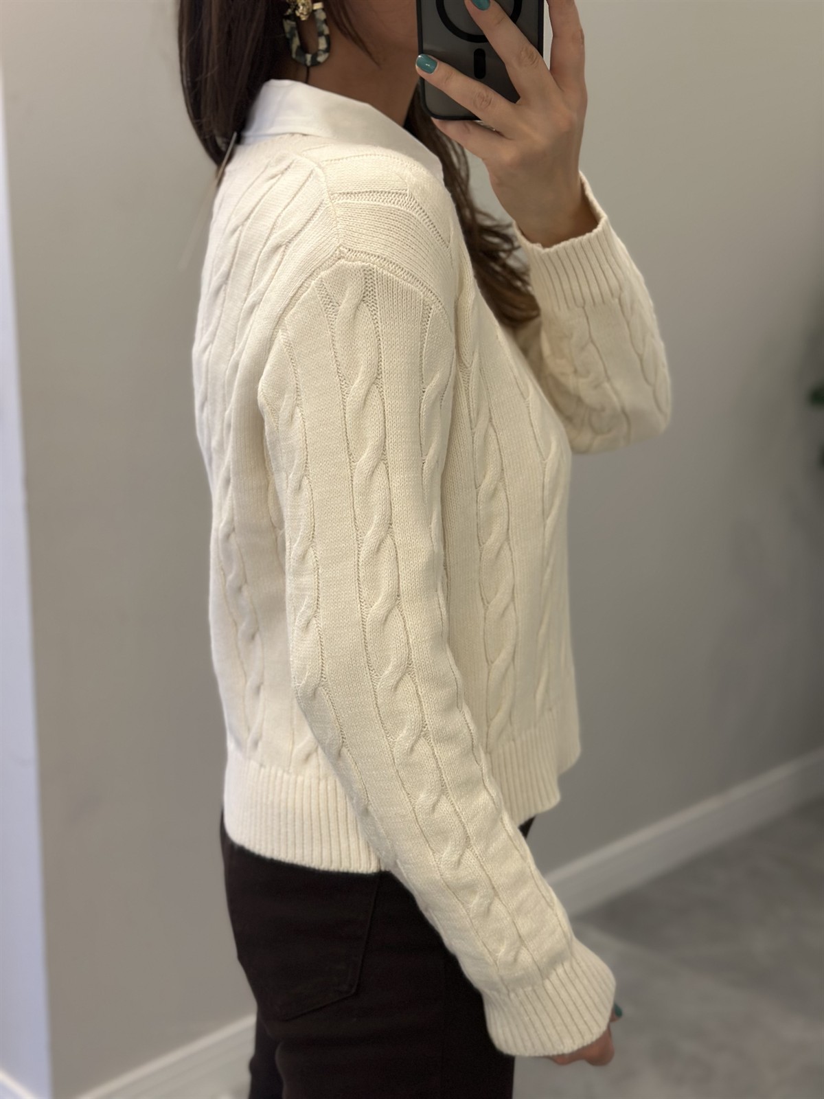 Bisiklet Yaka Örme Kazak  - Krem