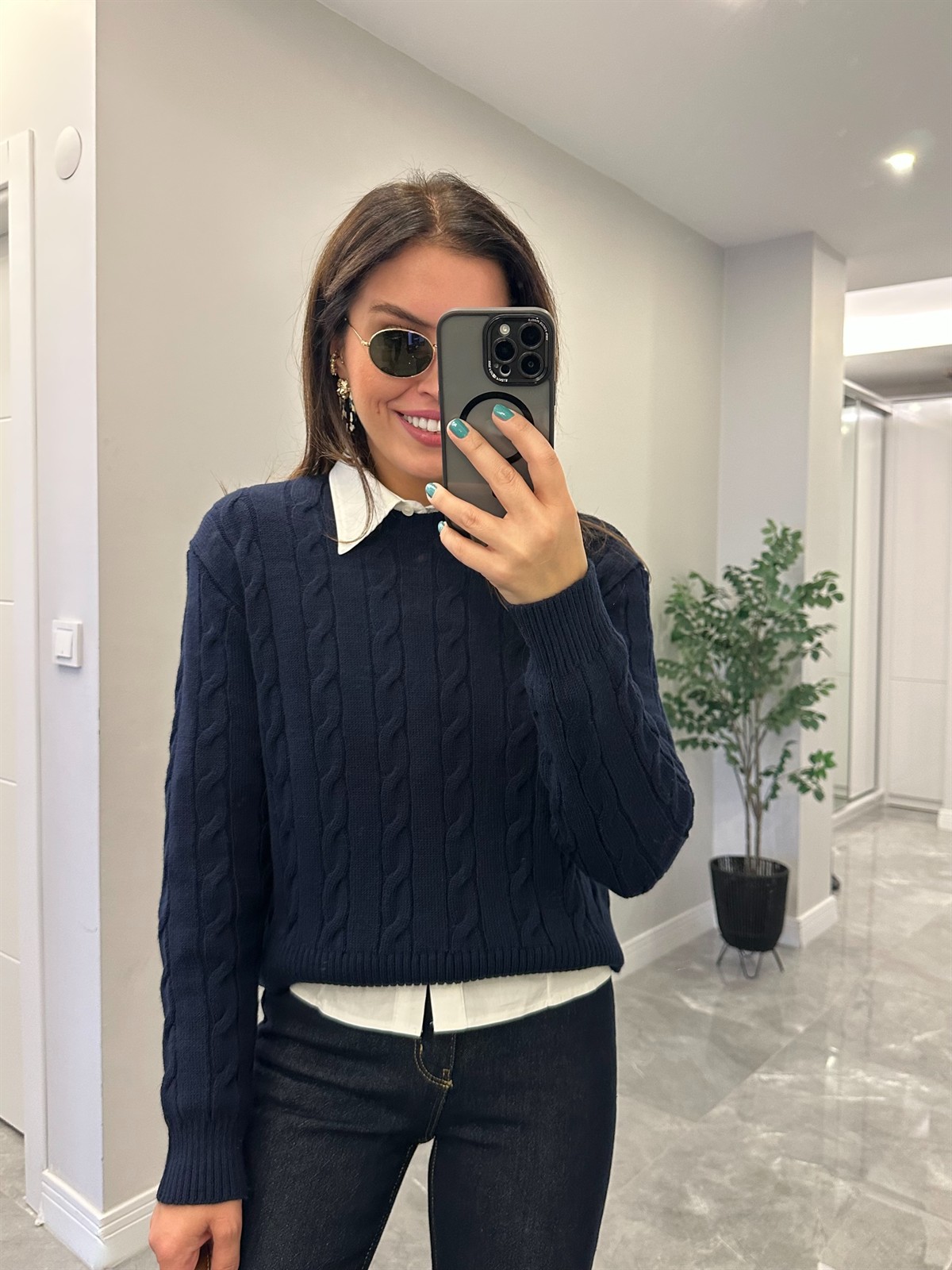 Bisiklet Yaka Örme Kazak  - Lacivert