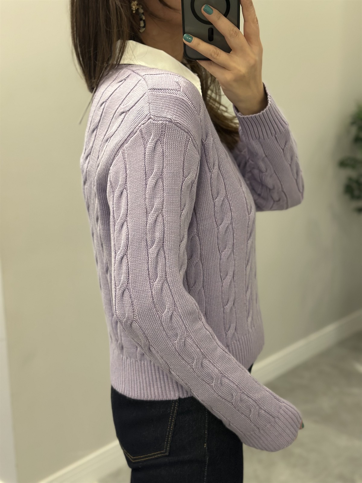 Bisiklet Yaka Örme Kazak  - Lila