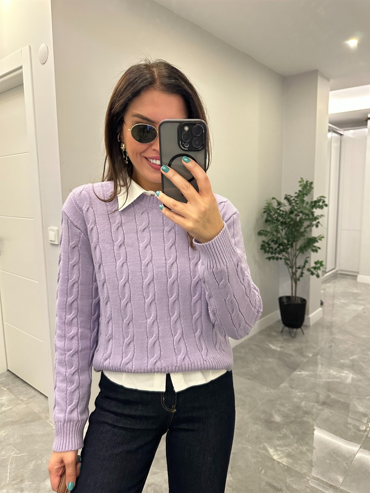 Bisiklet Yaka Örme Kazak  - Lila