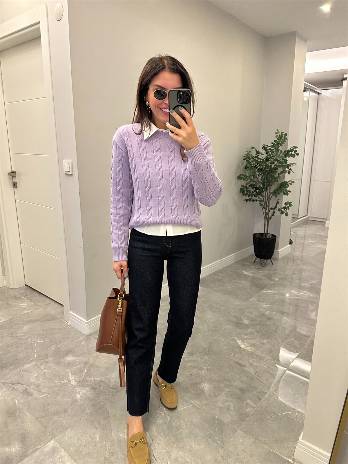 Bisiklet Yaka Örme Kazak  - Lila