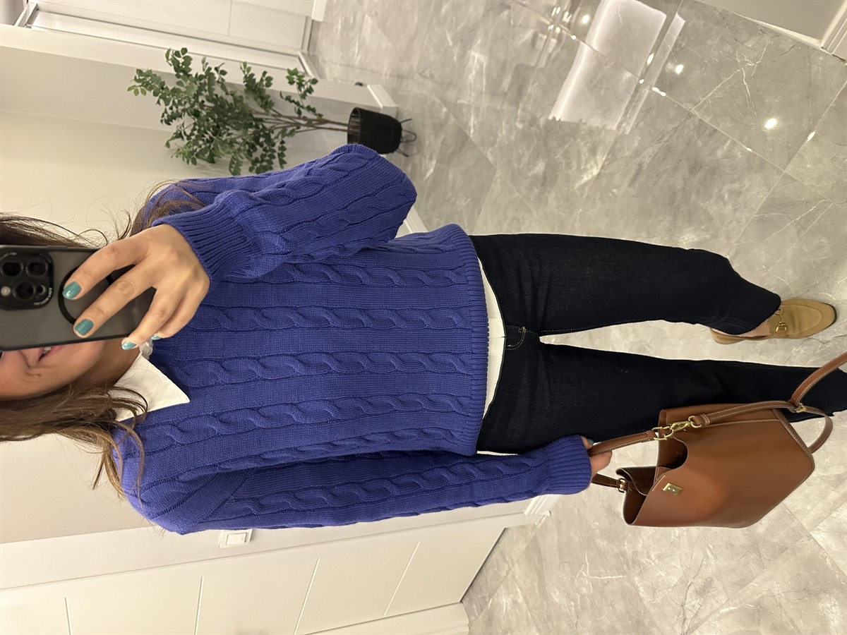 Bisiklet Yaka Örme Kazak  - Mor