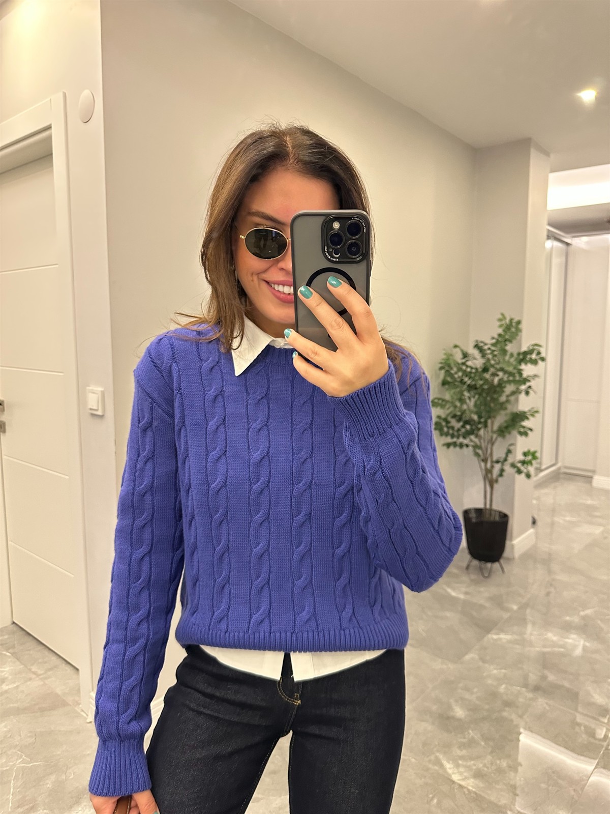 Bisiklet Yaka Örme Kazak  - Mor