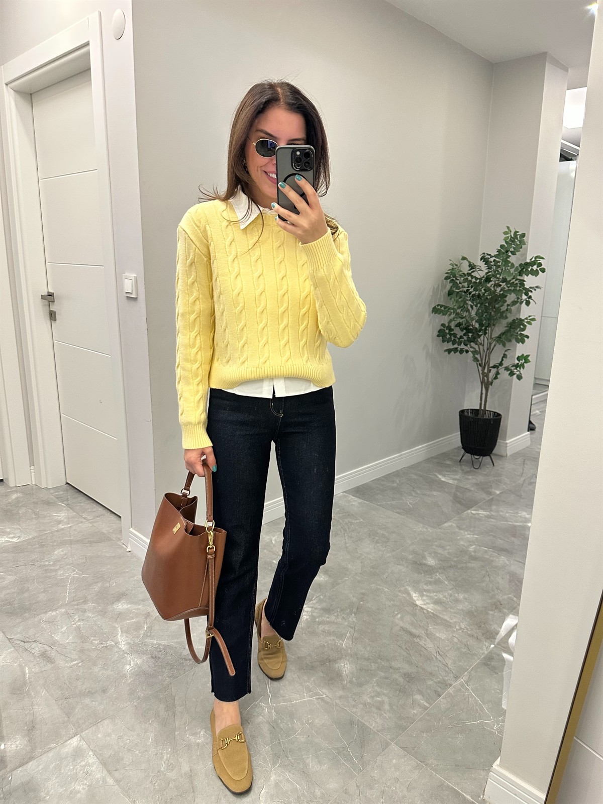 Bisiklet Yaka Örme Kazak - Sarı