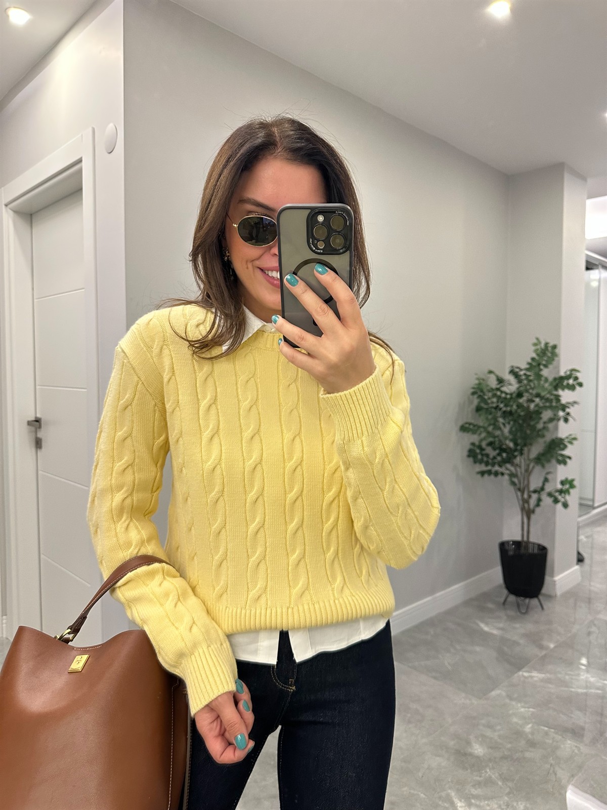 Bisiklet Yaka Örme Kazak - Sarı