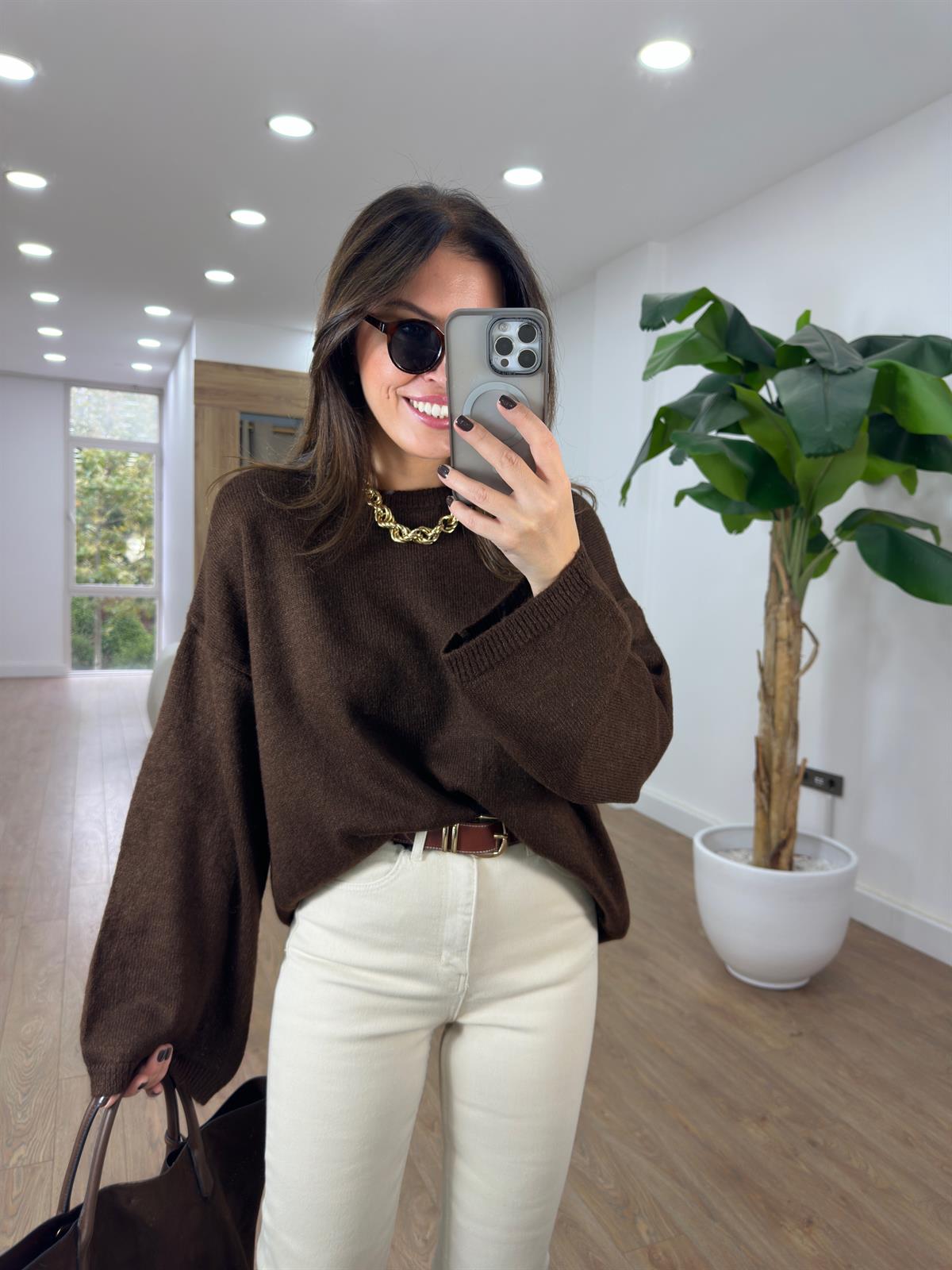 Bisiklet Yaka Oversize Yumoş Kazak - Acı Kahve