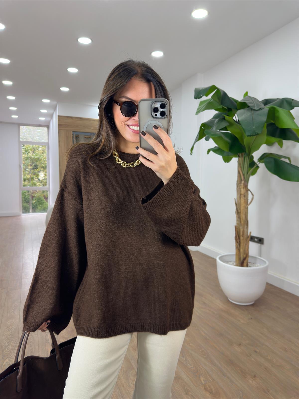 Bisiklet Yaka Oversize Yumoş Kazak - Acı Kahve