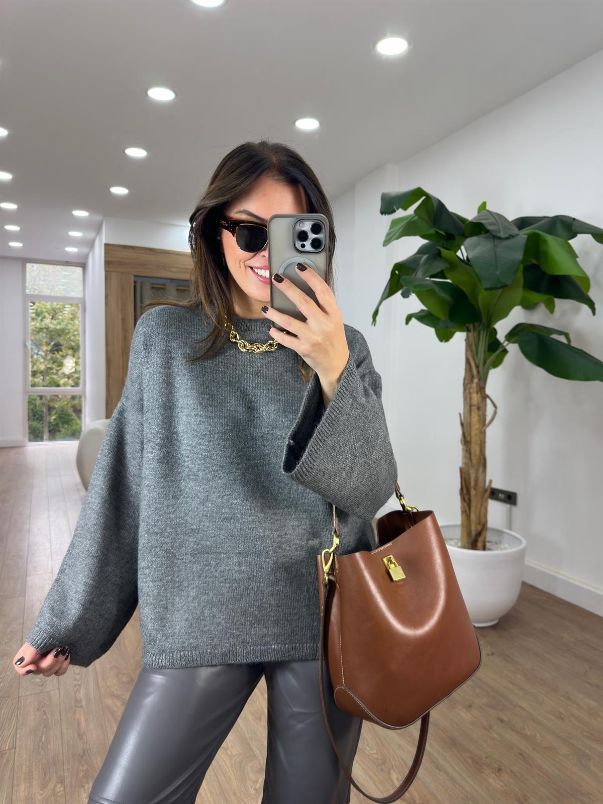 Bisiklet Yaka Oversize Yumoş Kazak - Antrasit