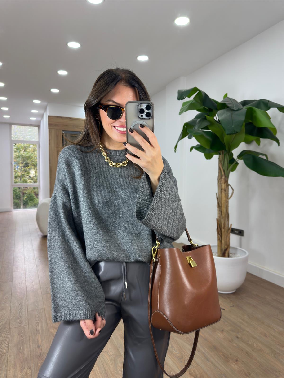 Bisiklet Yaka Oversize Yumoş Kazak - Antrasit