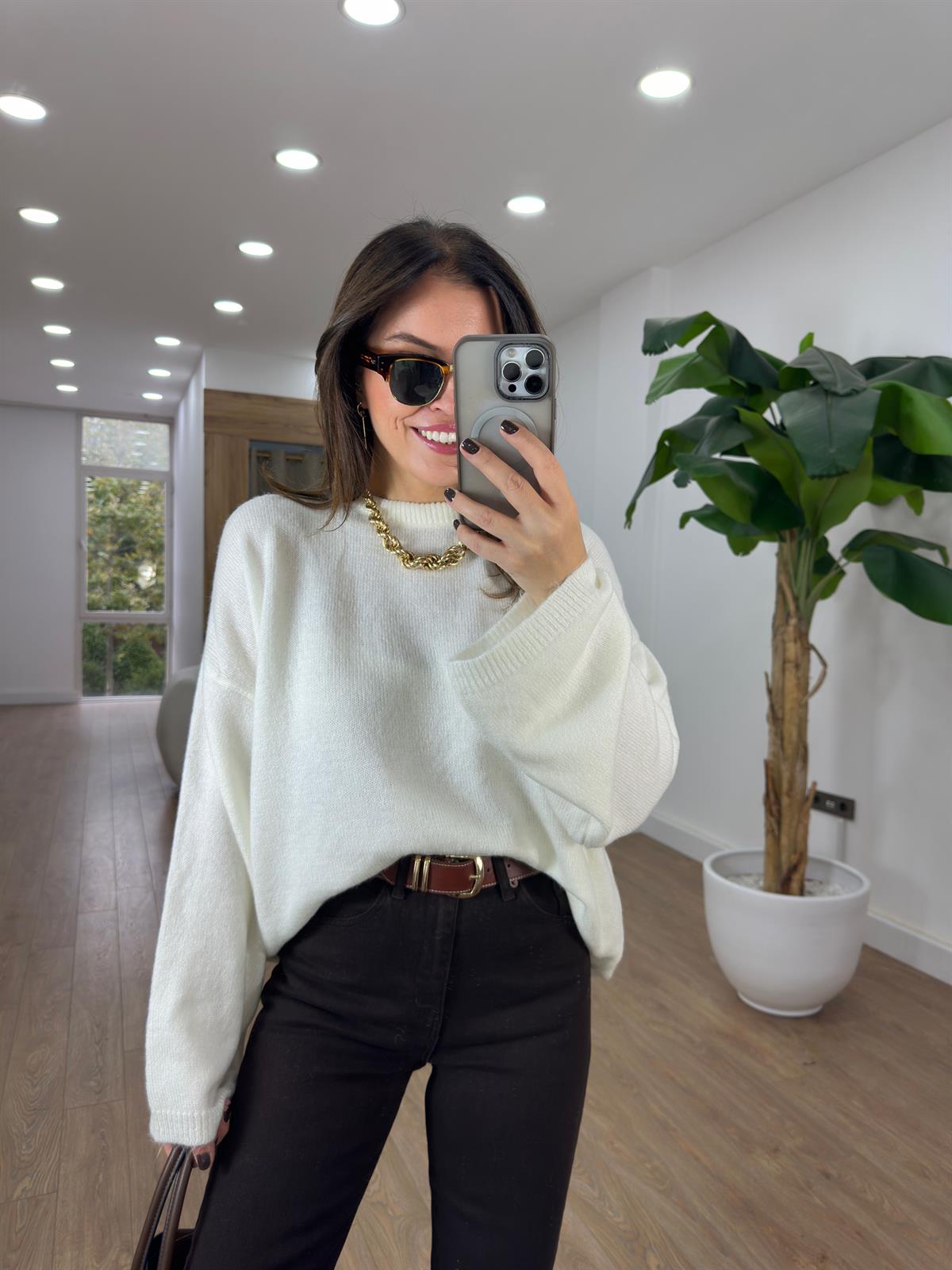 Bisiklet Yaka Oversize Yumoş Kazak - Ekru