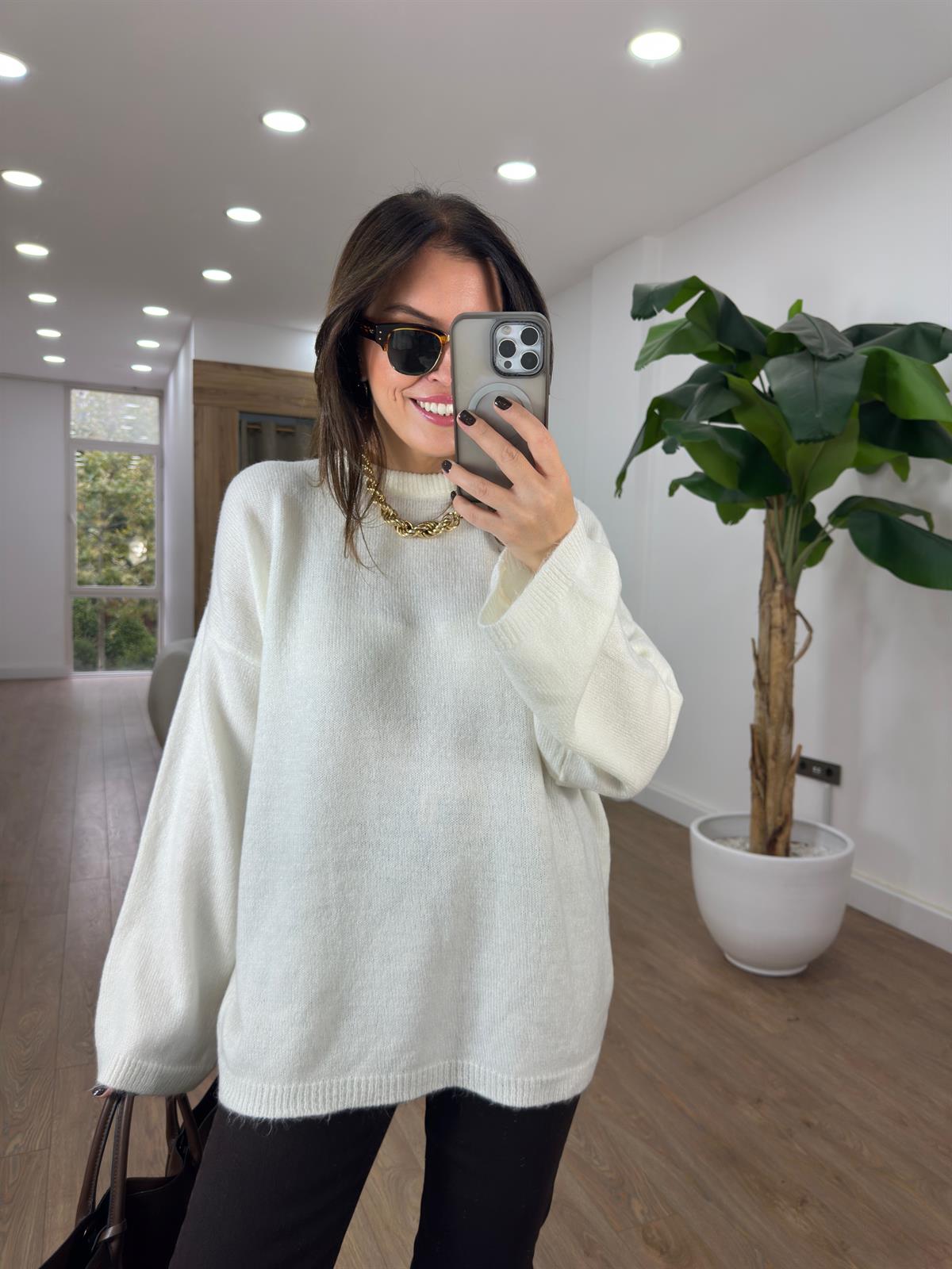 Bisiklet Yaka Oversize Yumoş Kazak - Ekru