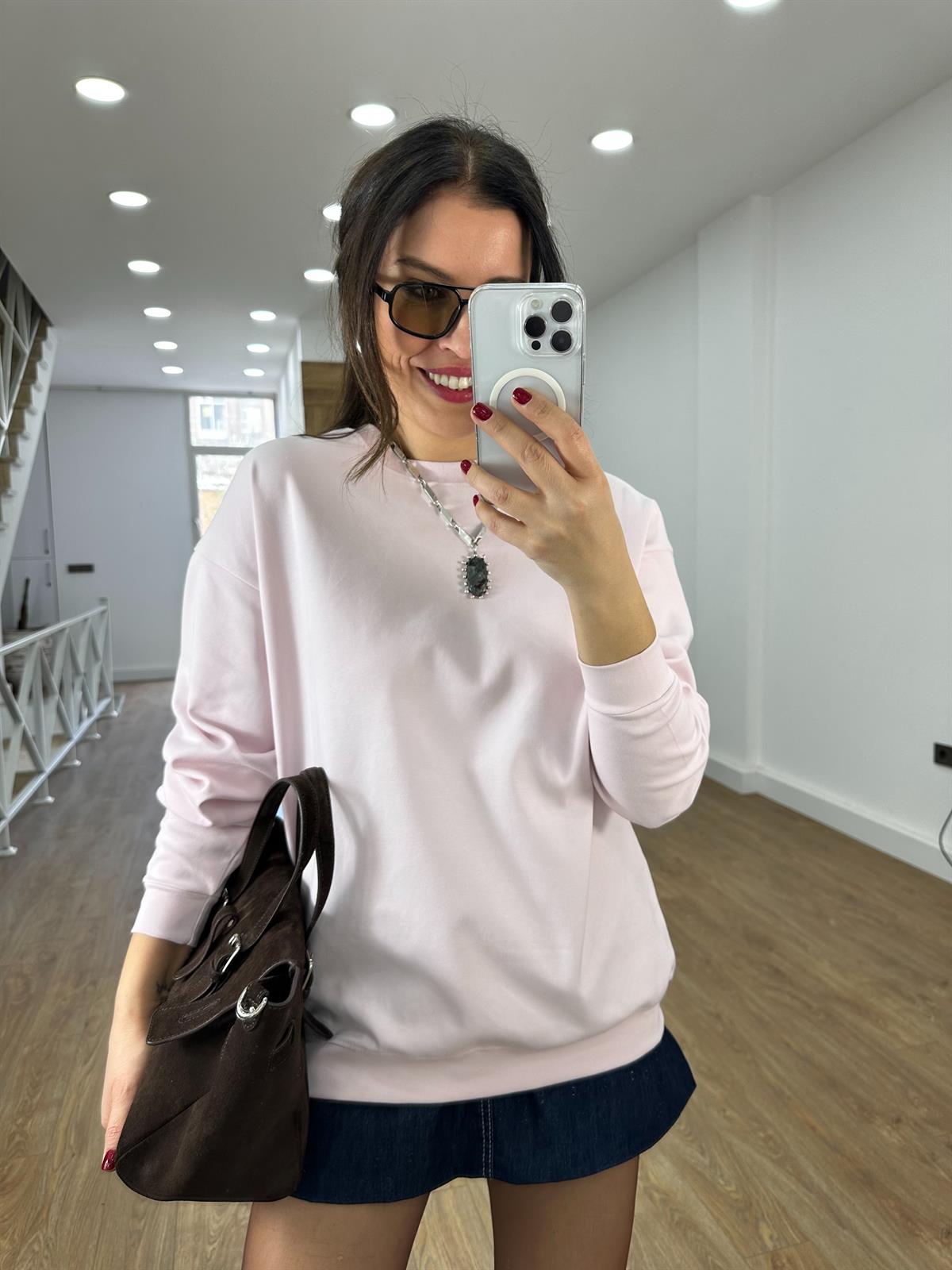 Bisiklet Yaka Pamuklu Basic Sweatshirt - Pembe