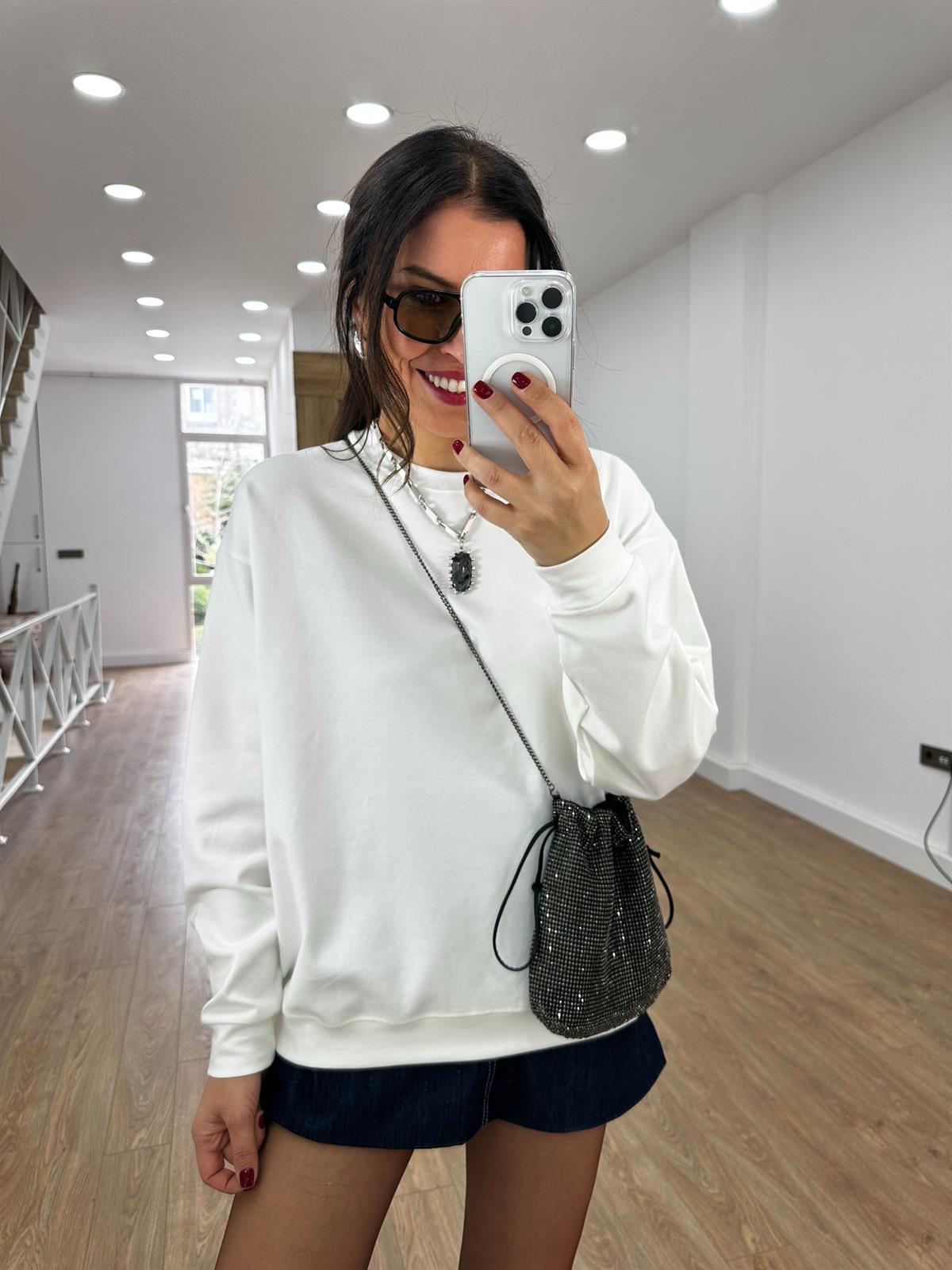 Bisiklet Yaka Pamuklu Basic Sweatshirt - Ekru